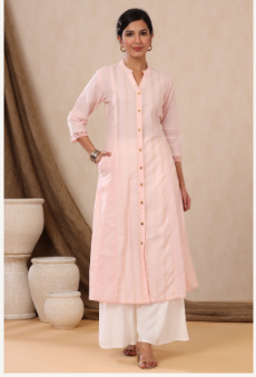 Women's Babypink Cotton Dobby Printed A-Line Kurta with Mask