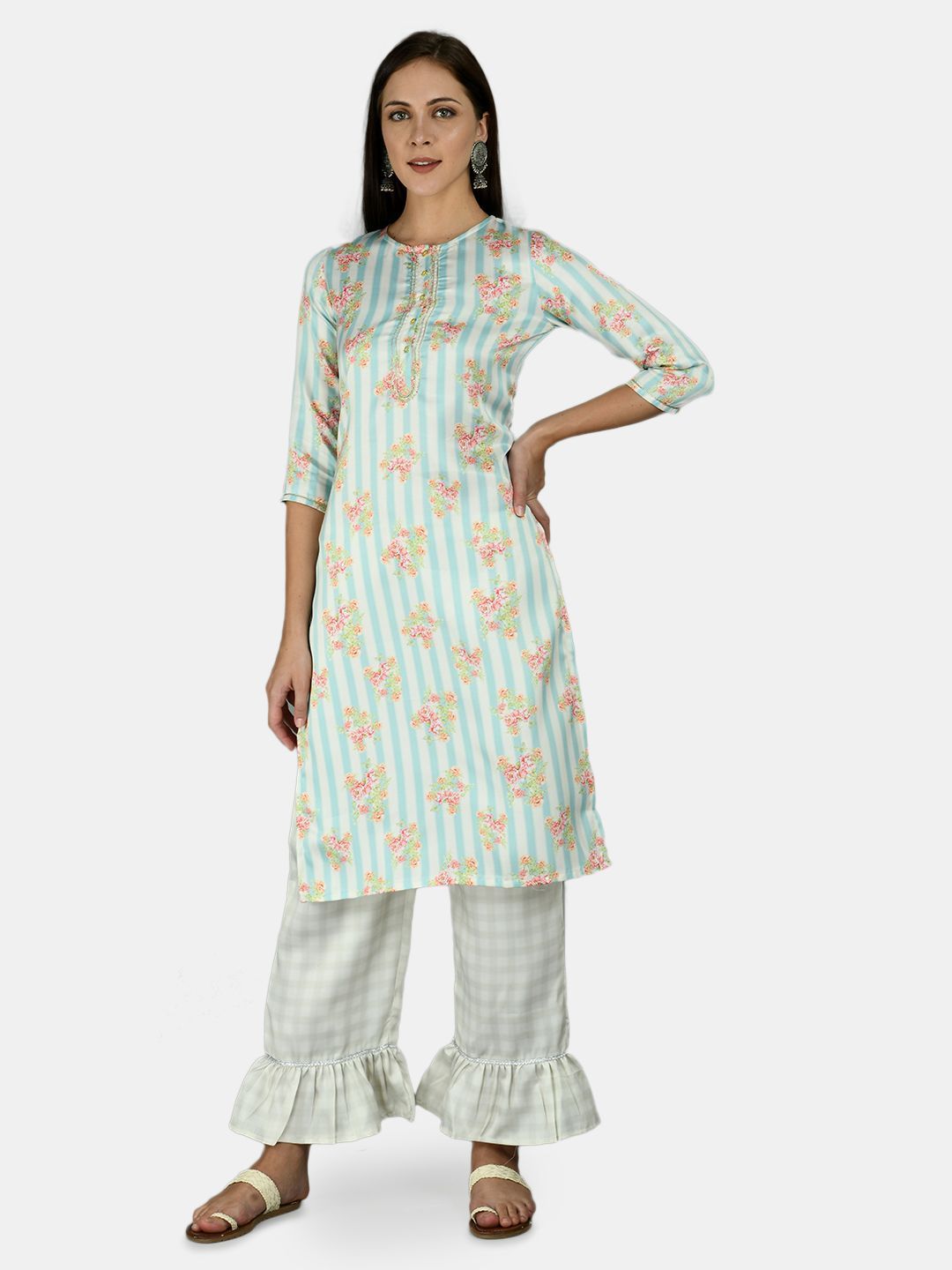 Women's Multi Silk Stripe Printed 3/4 Sleeve Round Neck Casual Kurta Palazzo Dupatta Set