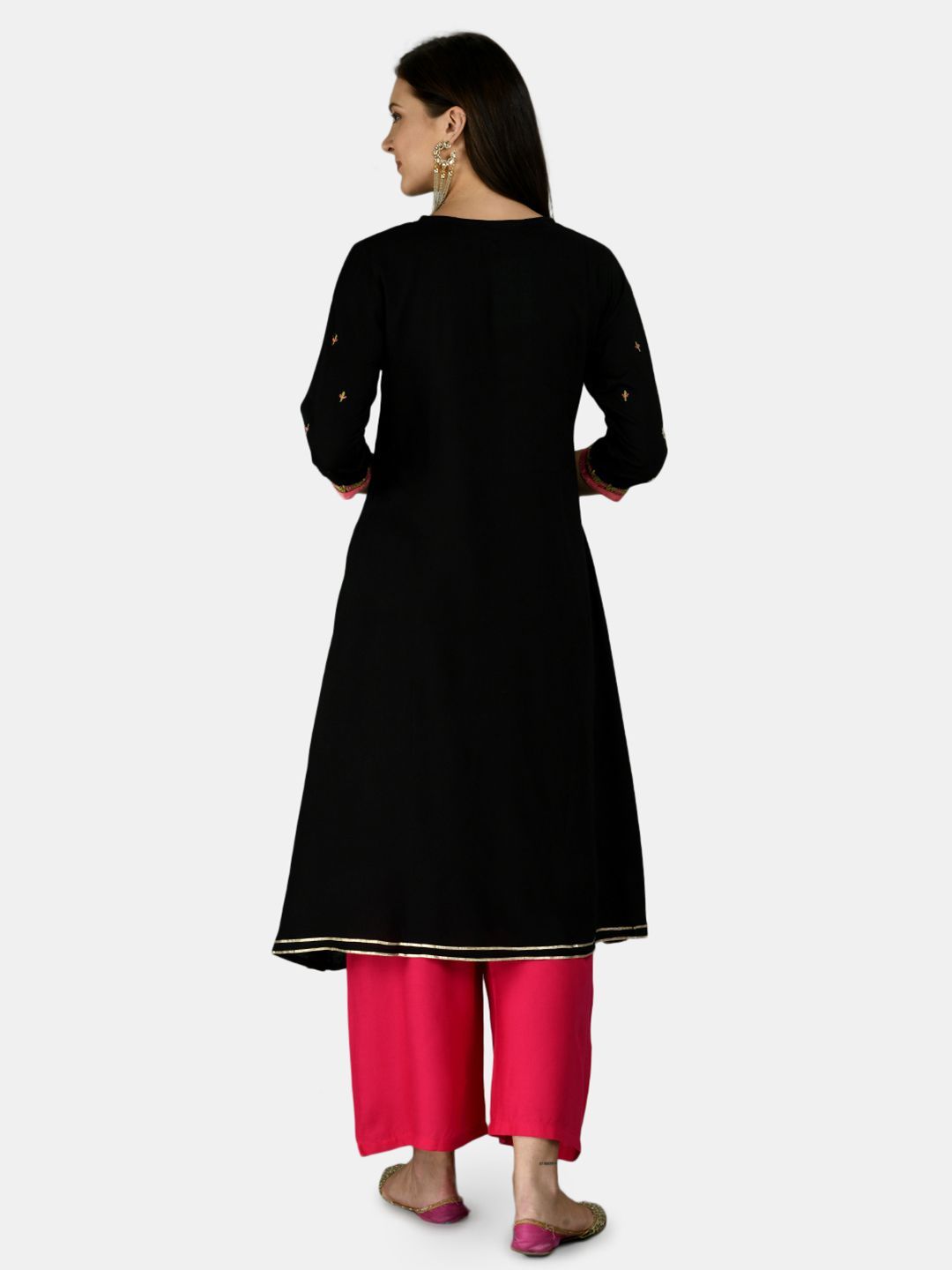 Women's Black Rayon Printed 3/4 Sleeve Round Neck Casual Kurta Palazzo Dupatta Set