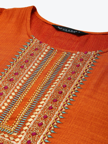 Women's Orange Color Rayon blend Embroidered Straight Kurta Pant With Dupatta