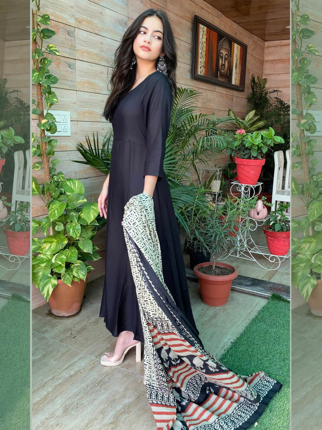 Women's Black Solid Rayon Anarkali Set