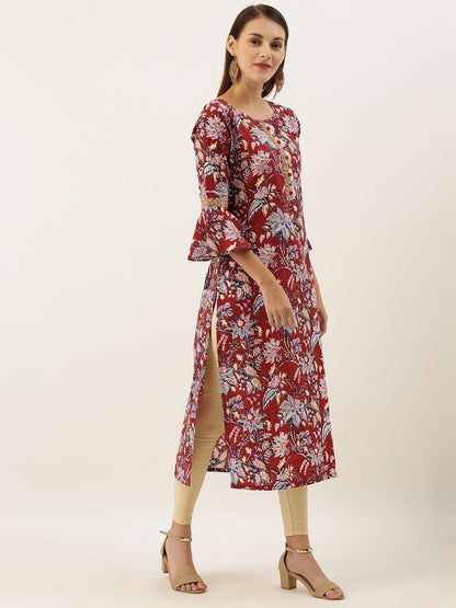 Women's Maroon & Blue Floral Printed Straight Kurta With Gotta Patti Detail