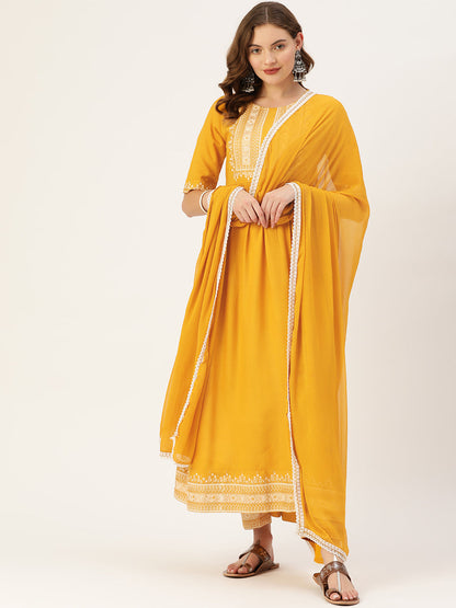 Women's Yellow Rayon Panelled Printed A-Line Kurta Trouser Set With Dupatta