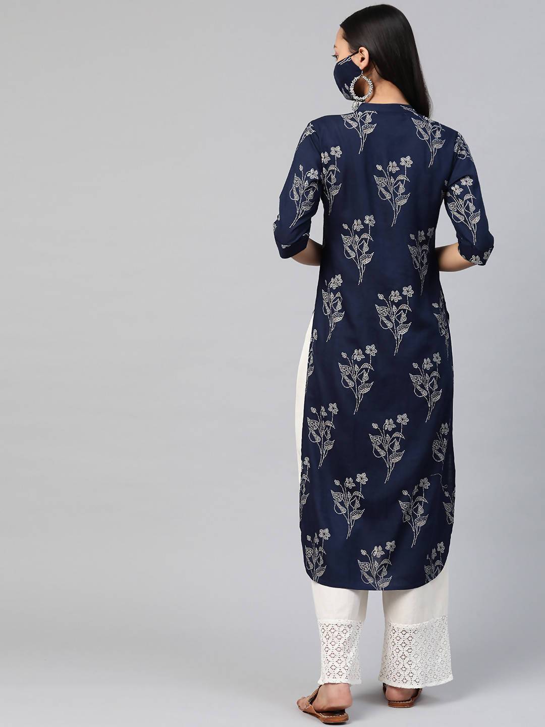 Women's Rayon Slub Bandhani Straight Kurta With Mask