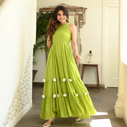 Women's Parrot Green Pompom Dress