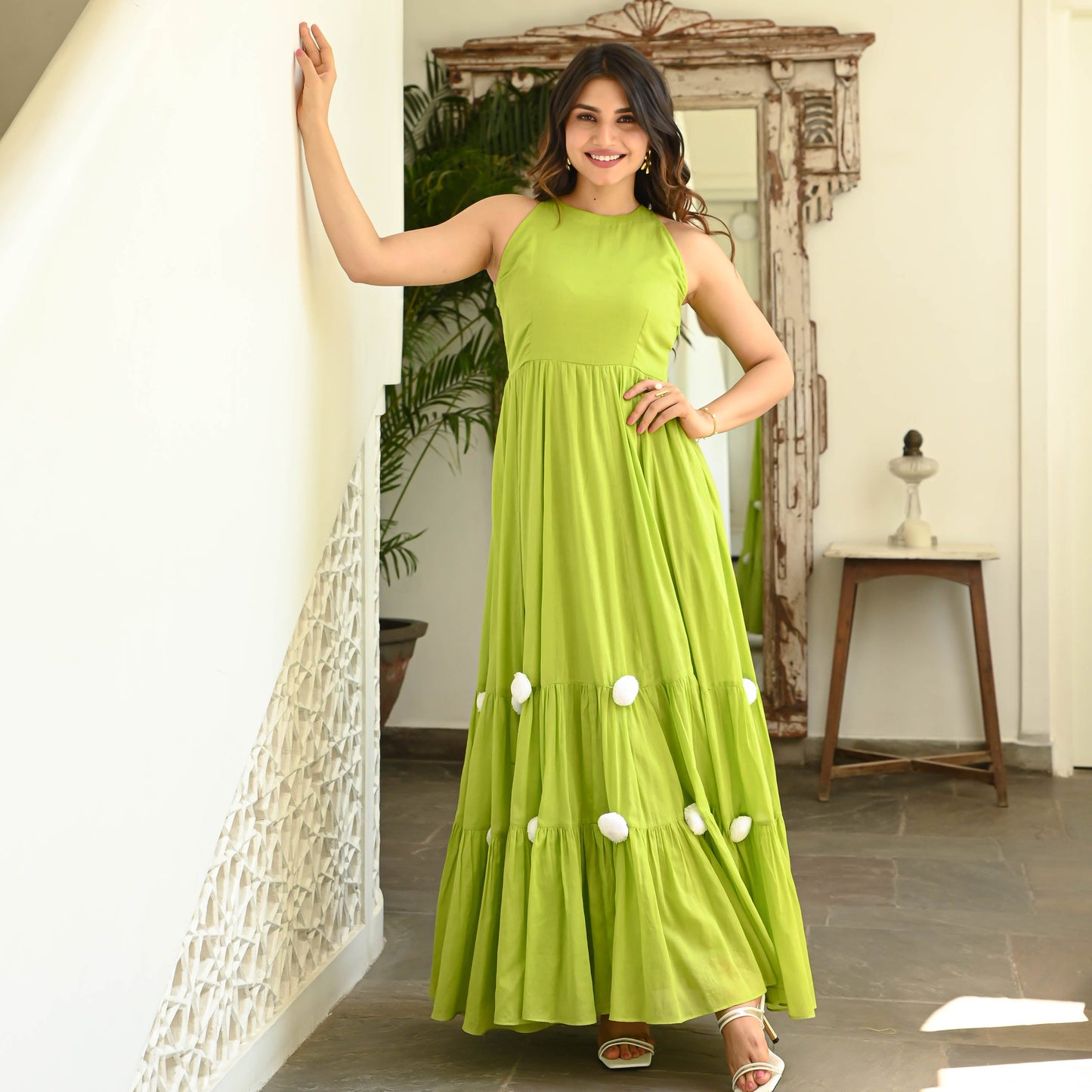 Women's Parrot Green Pompom Dress
