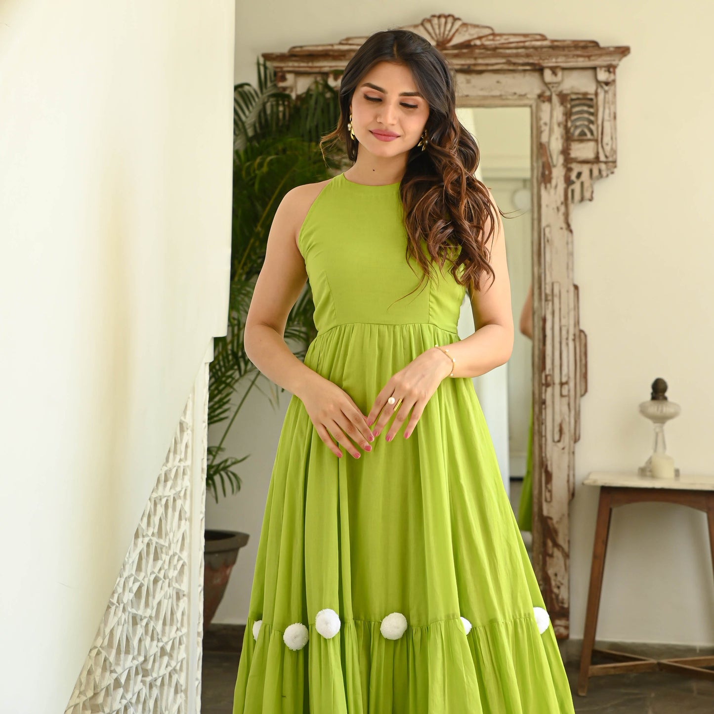 Women's Parrot Green Pompom Dress