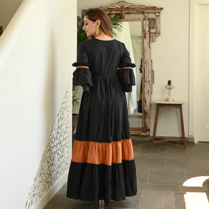 Women's Black Rust Tier Cotton Dress