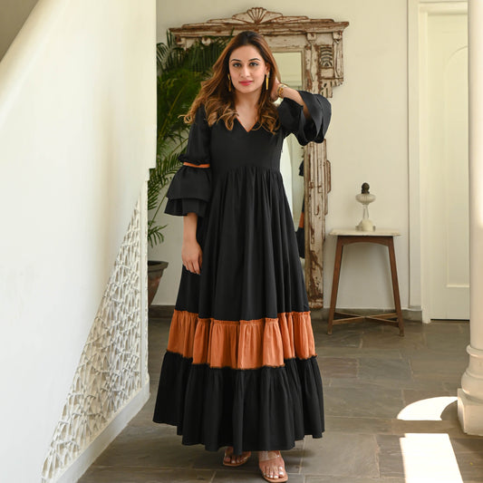 Women's Black Rust Tier Cotton Dress