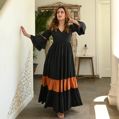 Women's Black Rust Tier Cotton Dress