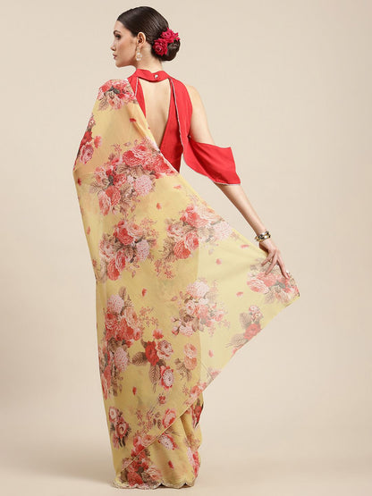 Women's Yellow Chiffon Digital Print Floral Saree