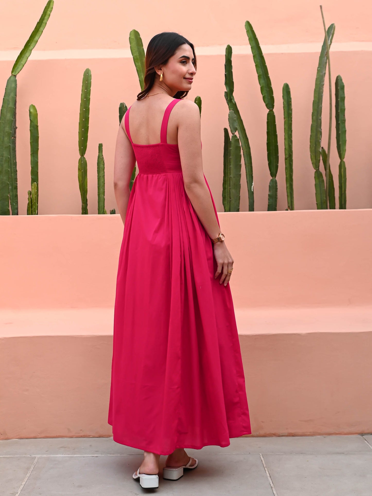 Women's Pink Fit & Flare Cotton Dress