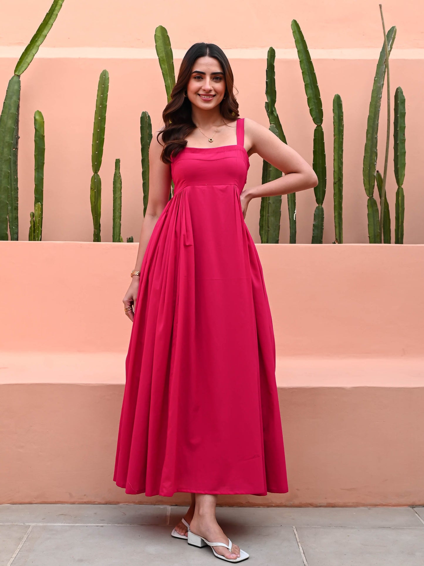 Women's Pink Fit & Flare Cotton Dress