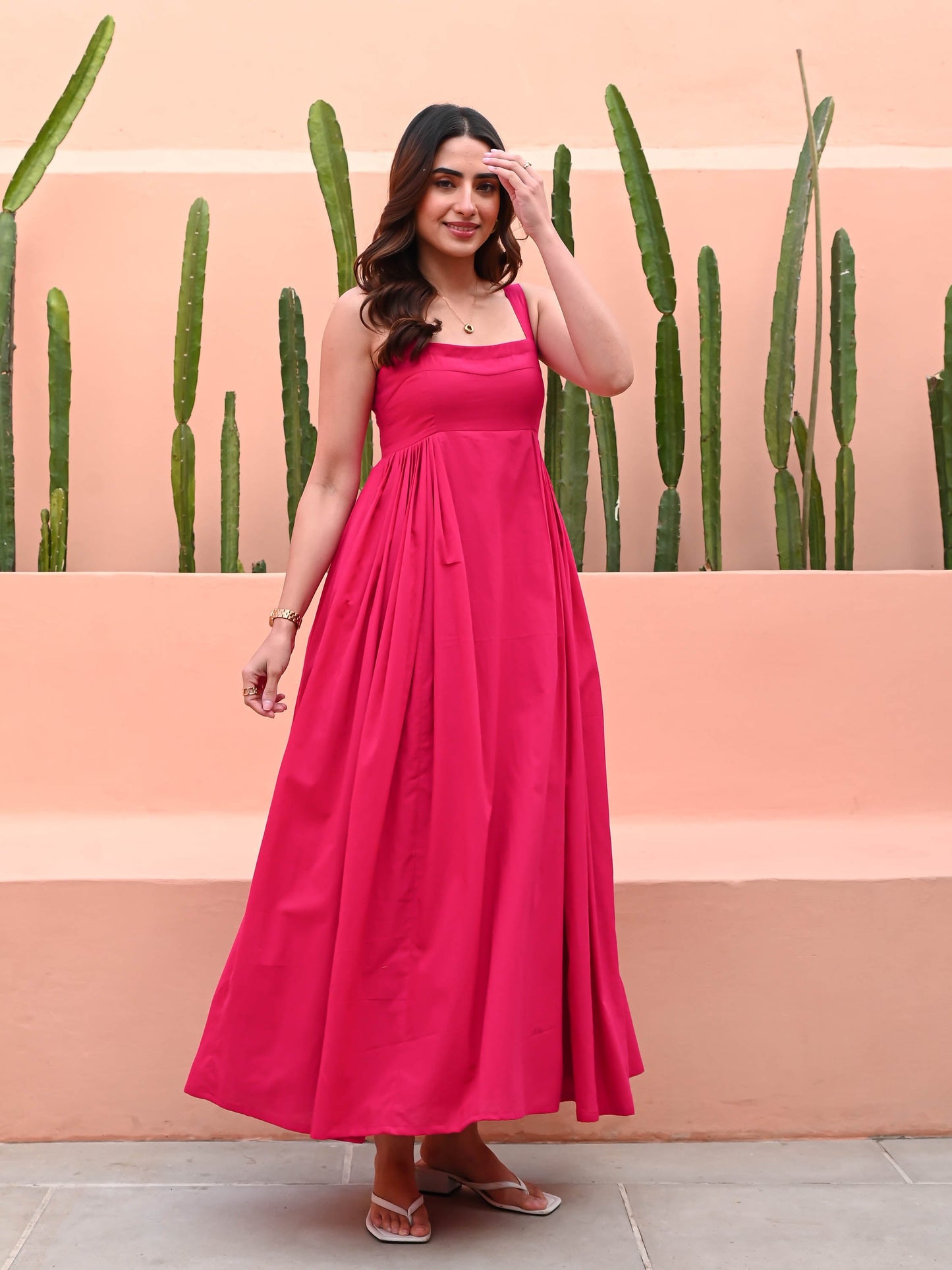 Women's Pink Fit & Flare Cotton Dress