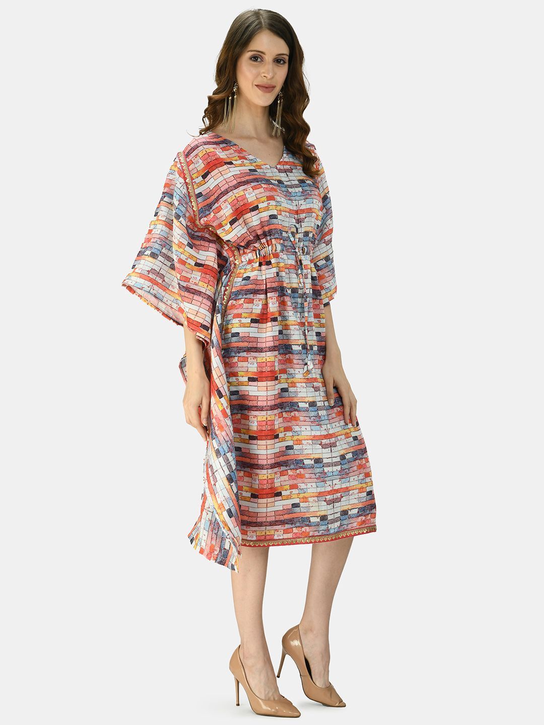 Women's Orange Multicolor Silk Blend Printed Half Sleeve V Neck Casual Kaftaan
