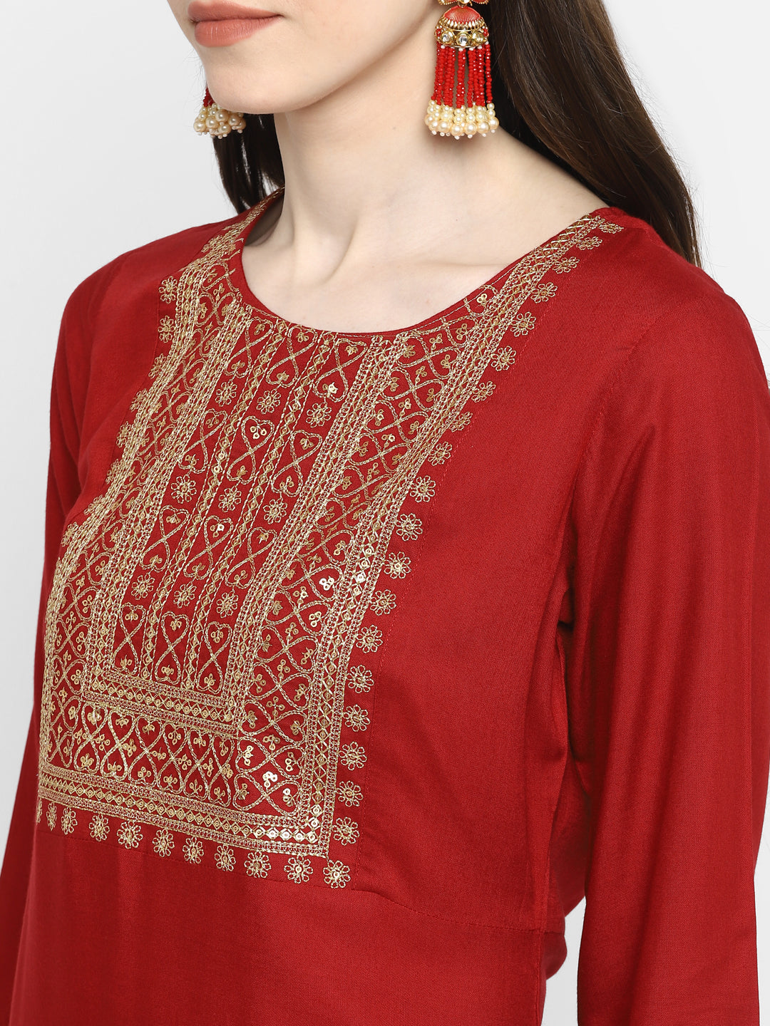 Women's Sequence & Solid Straight Rayon Maroon Kurta  (1Pc)