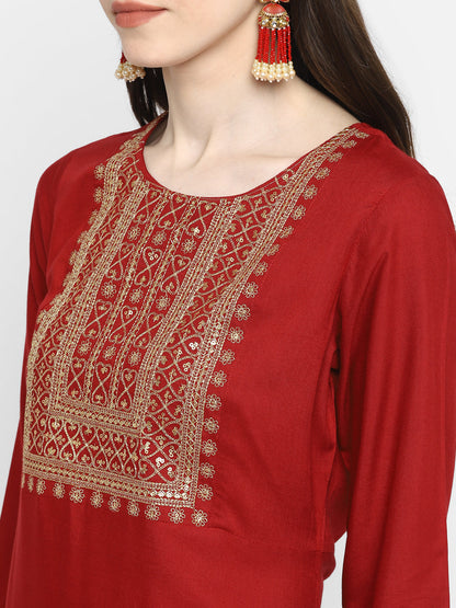 Women's Sequence & Solid Straight Rayon Maroon Kurta  (1Pc)