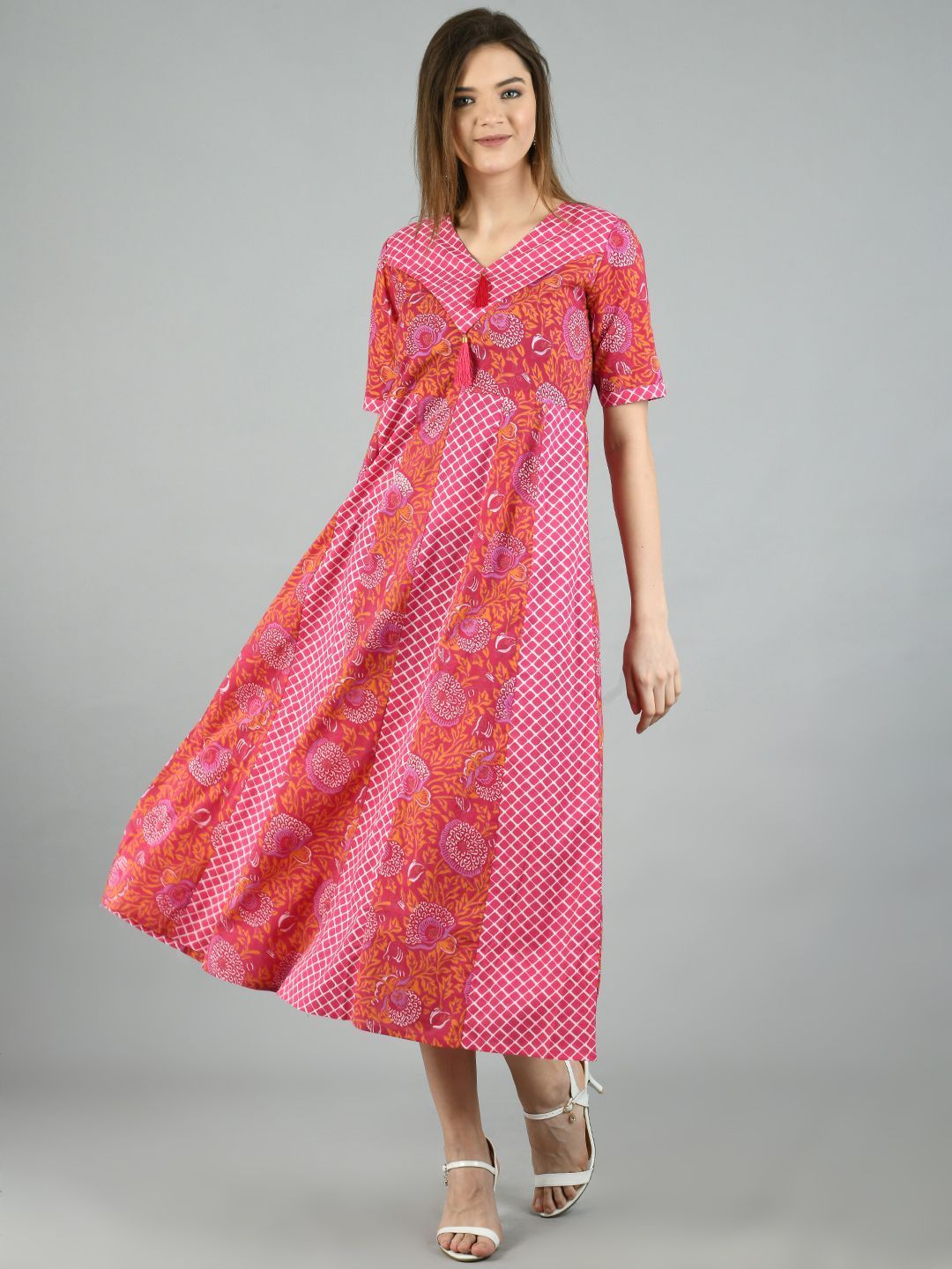 Women's Pink Cotton Printed Half Sleeve V Neck Casual Dress