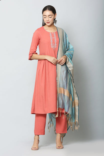 Women's Embroidery Rayon Kurta And Pant With Dupatta Set