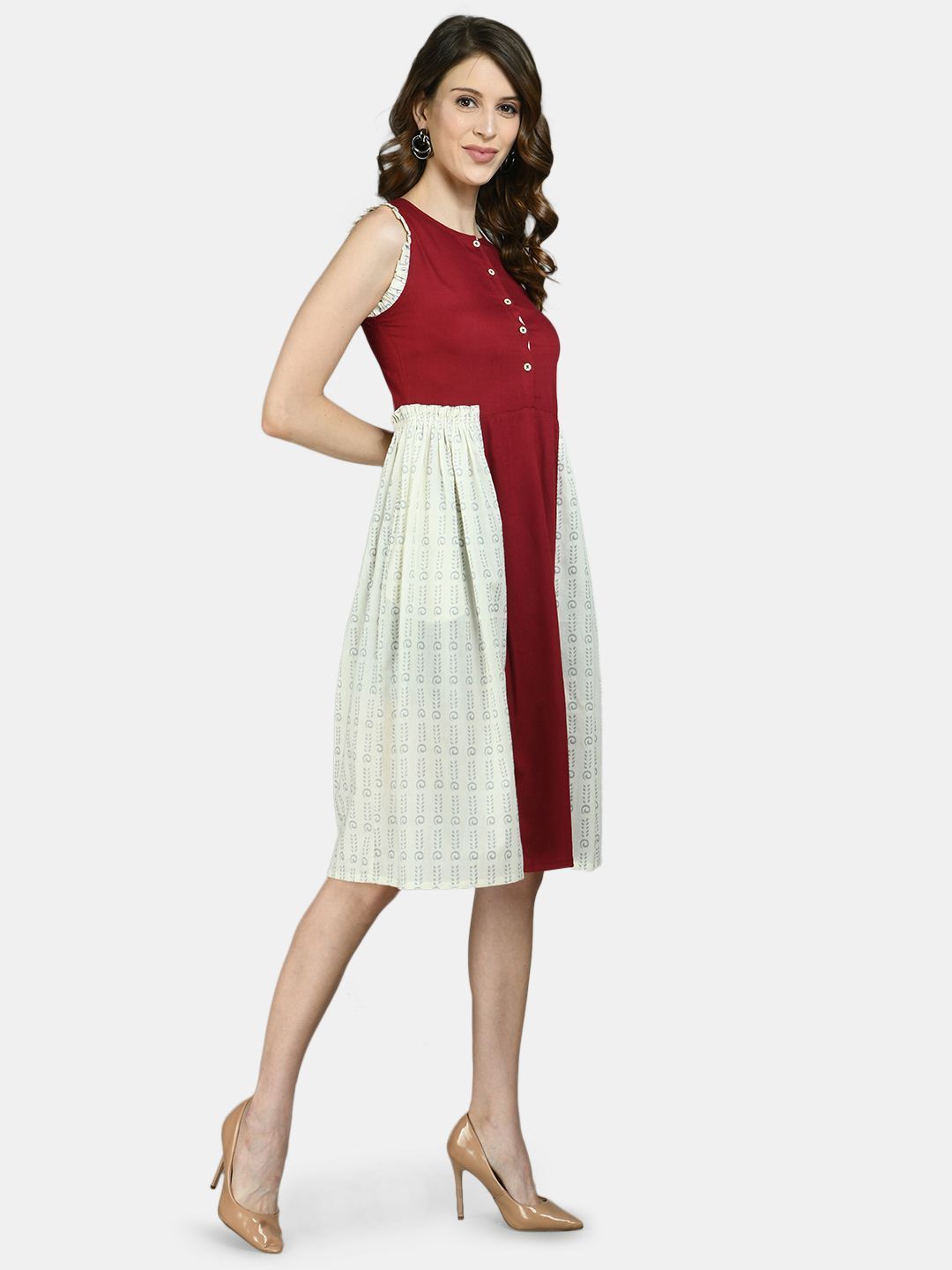 Women Red and White Printed Cotton dress by Myshka (