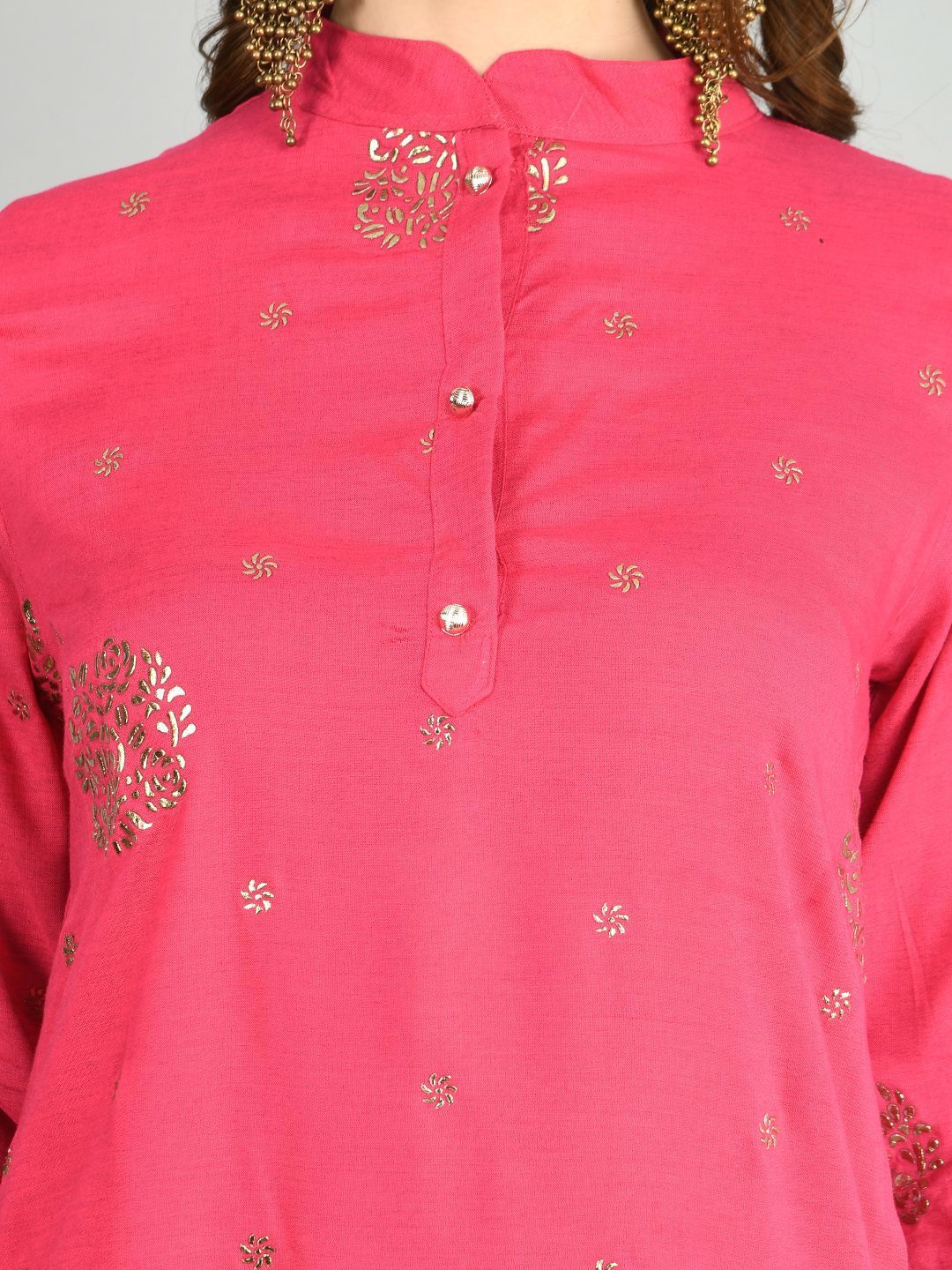 Women's Pink Cotton Printed 3/4 Sleeve Mandarin Neck Casual Kurta Dupatta Set