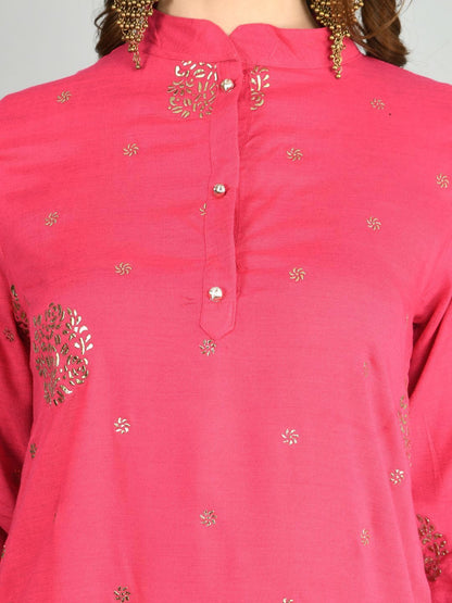 Women's Pink Cotton Printed 3/4 Sleeve Mandarin Neck Casual Kurta Dupatta Set