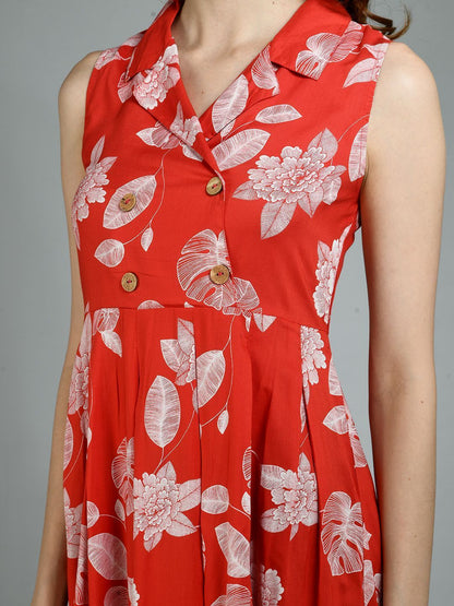 Women's Red Rayon Printed Sleeveless Collar Neck Casual Dress