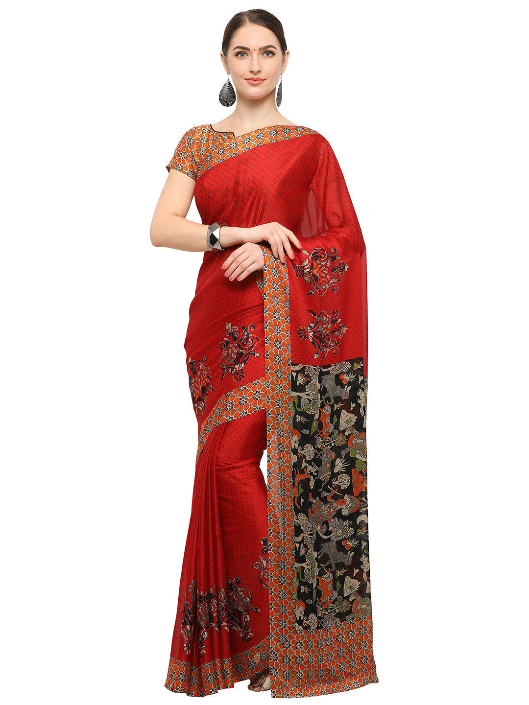 Women's Red Chiffon Printed Saree