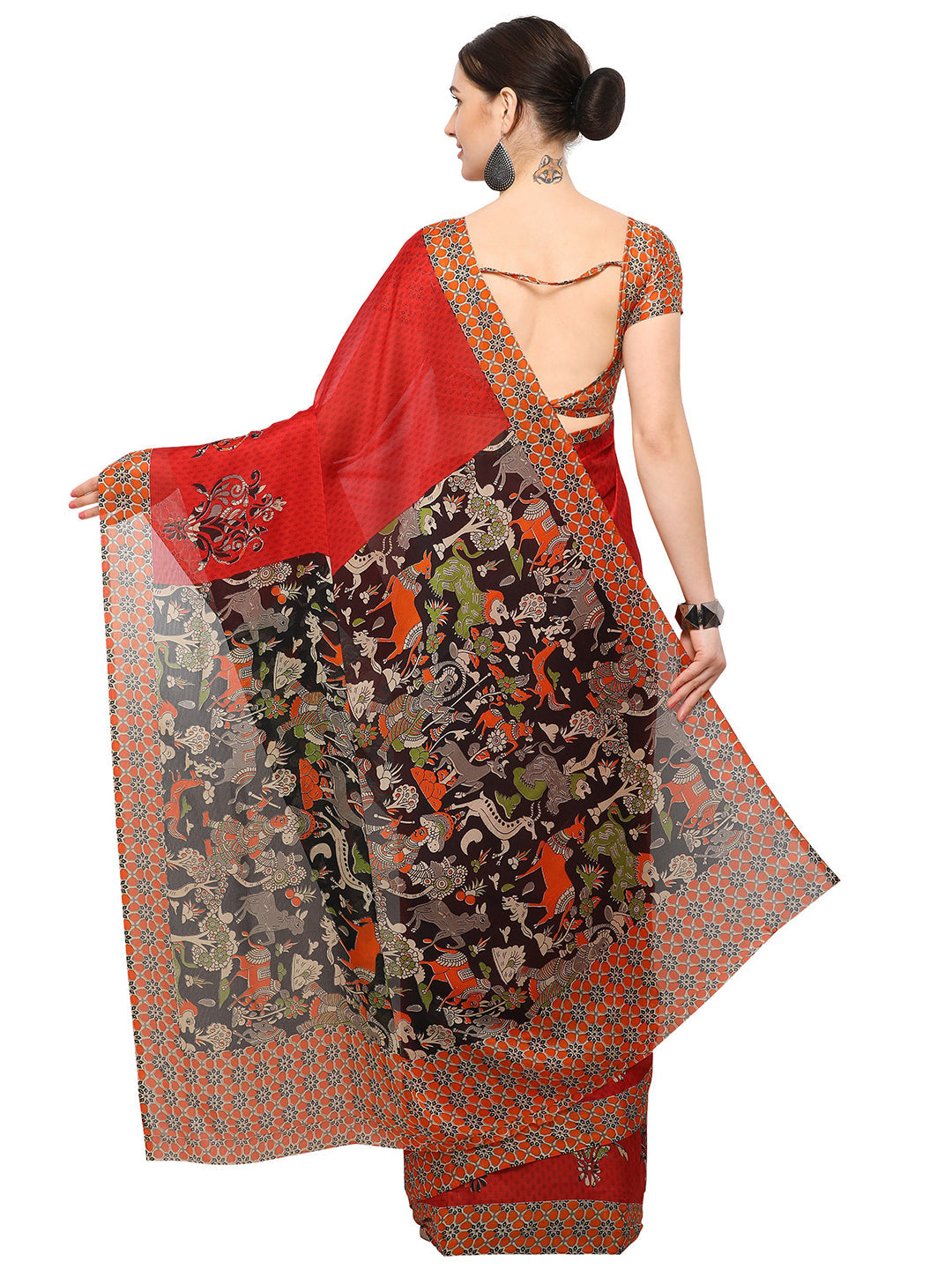 Women's Red Chiffon Printed Saree