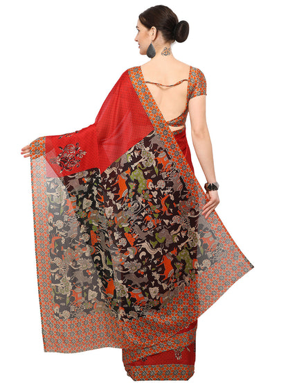 Women's Red Chiffon Printed Saree