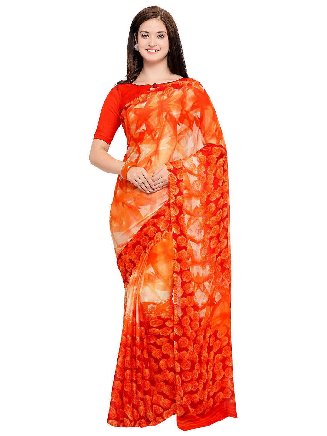 Women's Orange Chiffon Floral Print Saree
