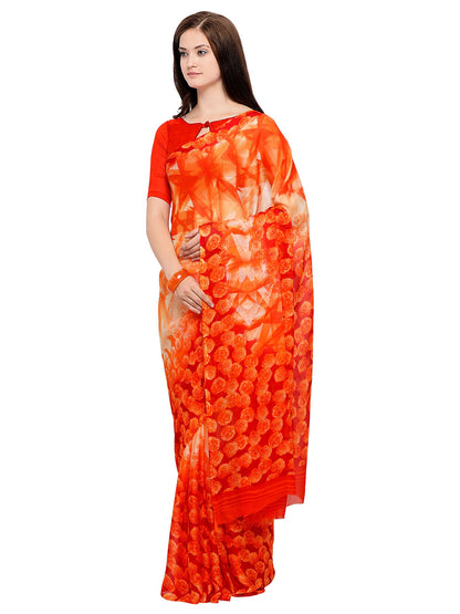 Women's Orange Chiffon Floral Print Saree