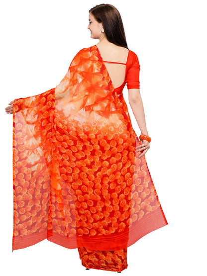 Women's Orange Chiffon Floral Print Saree