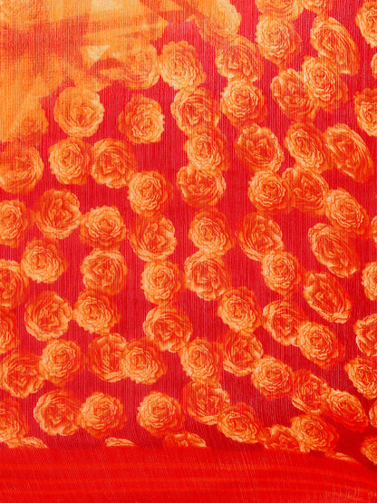 Women's Orange Chiffon Floral Print Saree