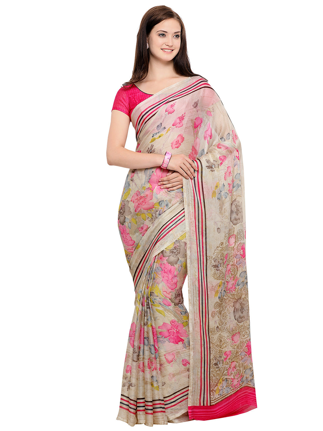 Women's Cream Chiffon Floral Print Saree