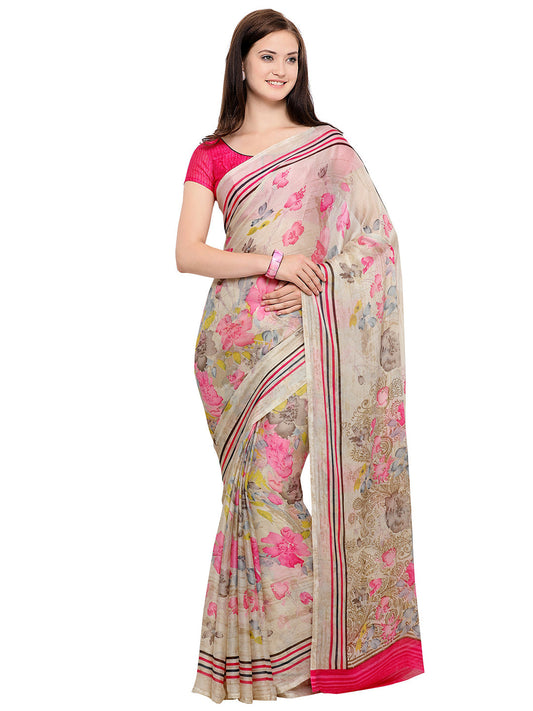 Women's Cream Chiffon Floral Print Saree