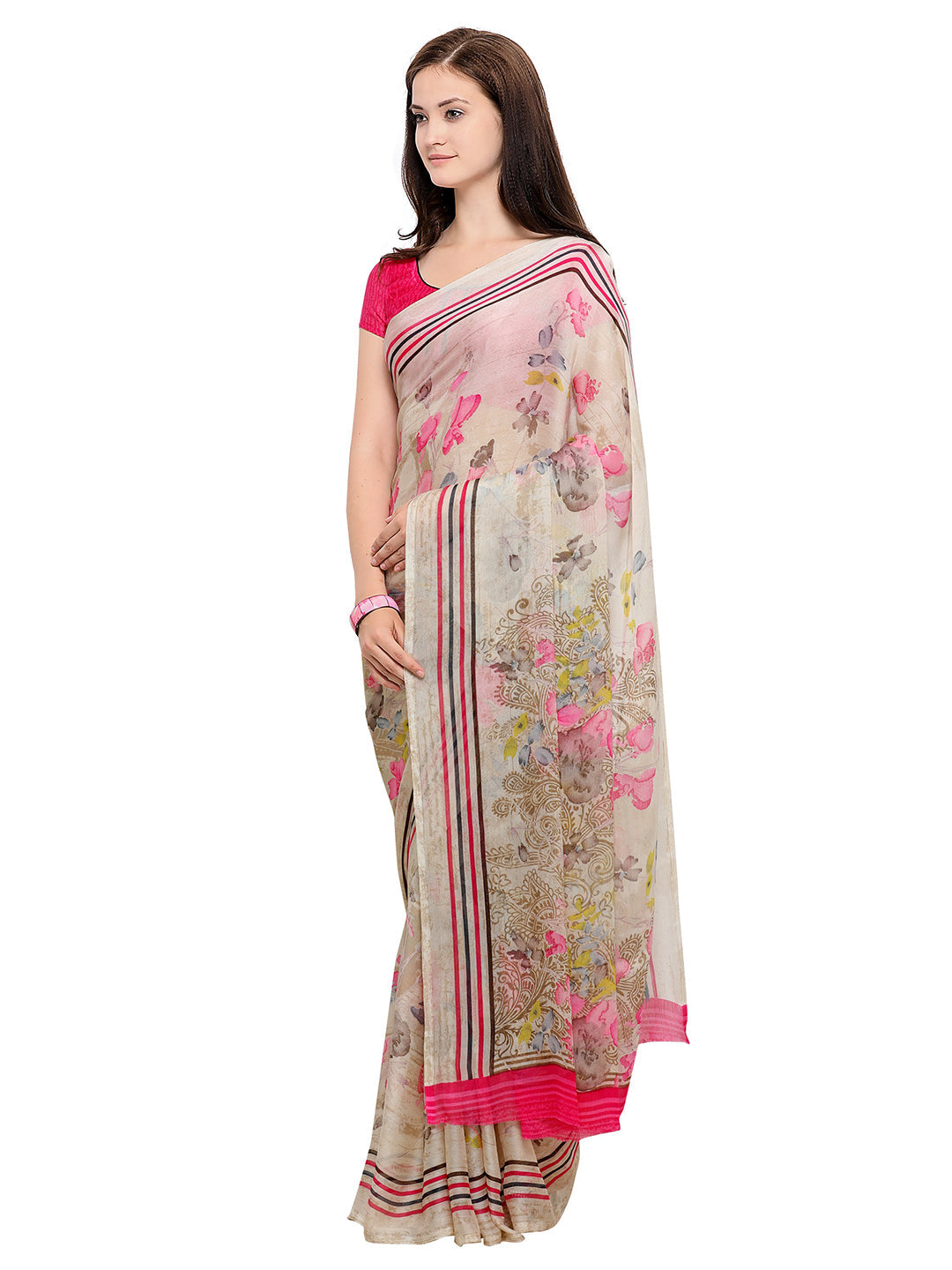 Women's Cream Chiffon Floral Print Saree