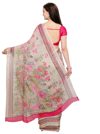 Women's Cream Chiffon Floral Print Saree