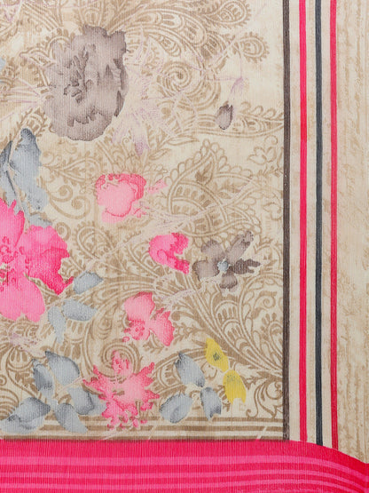 Women's Cream Chiffon Floral Print Saree