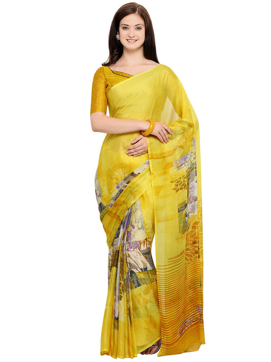 Women's Yellow Chiffon Floral Print Saree