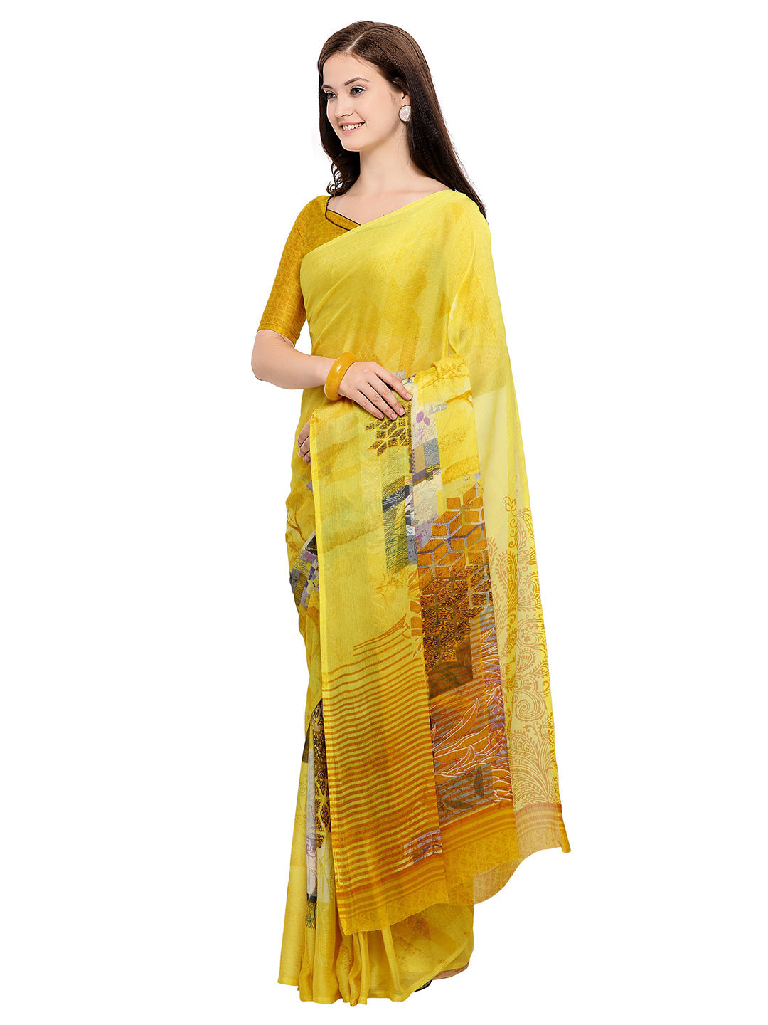 Women's Yellow Chiffon Floral Print Saree