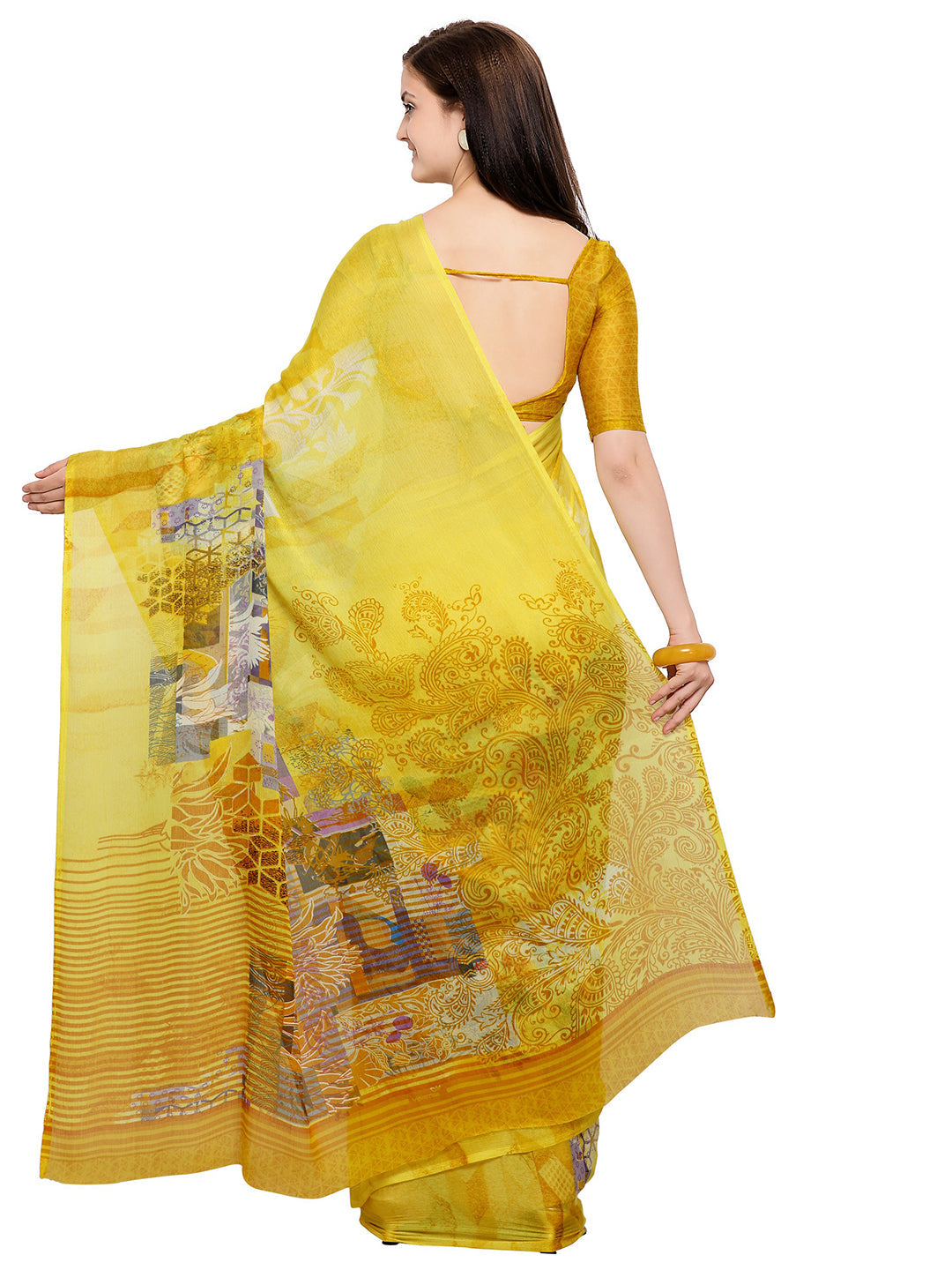 Women's Yellow Chiffon Floral Print Saree