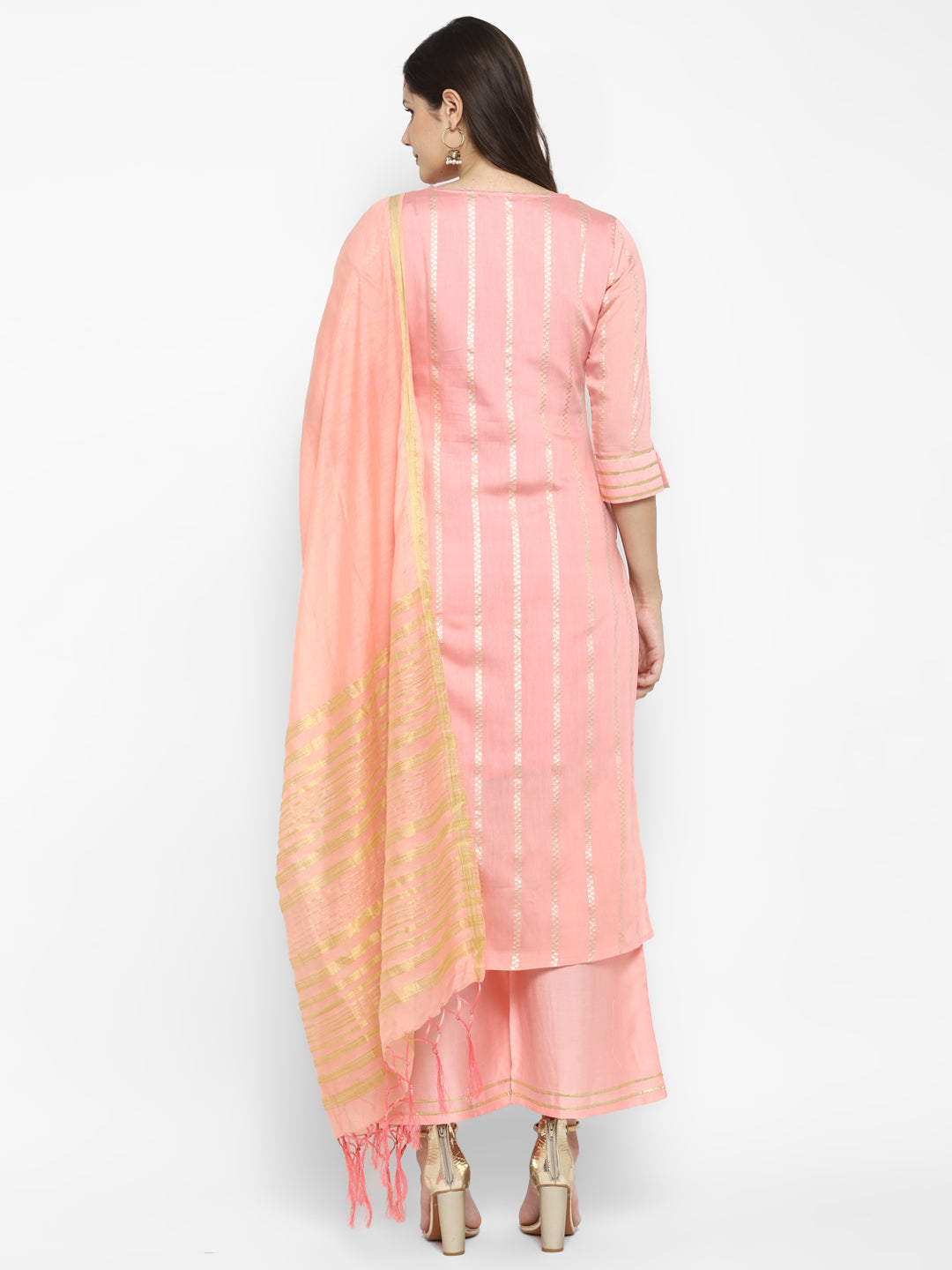 Women's Pink Color Chanderi Silk Embroidered Straight Kurta Palazzo With Dupatta