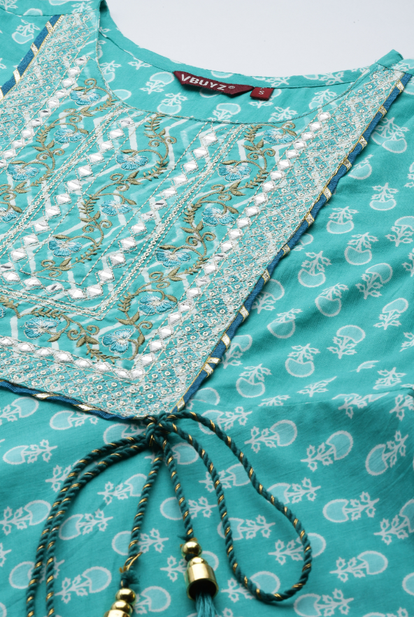 Women's Embroidered Flared Cotton Turquoise Stitched Kurta Sharara With Dupatta