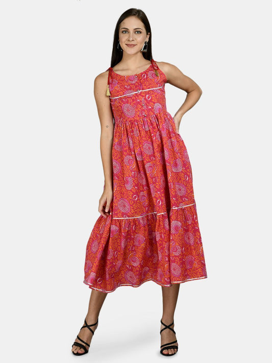 Women's Pink Cotton Printed Sleeveless Round Neck Casual Dress