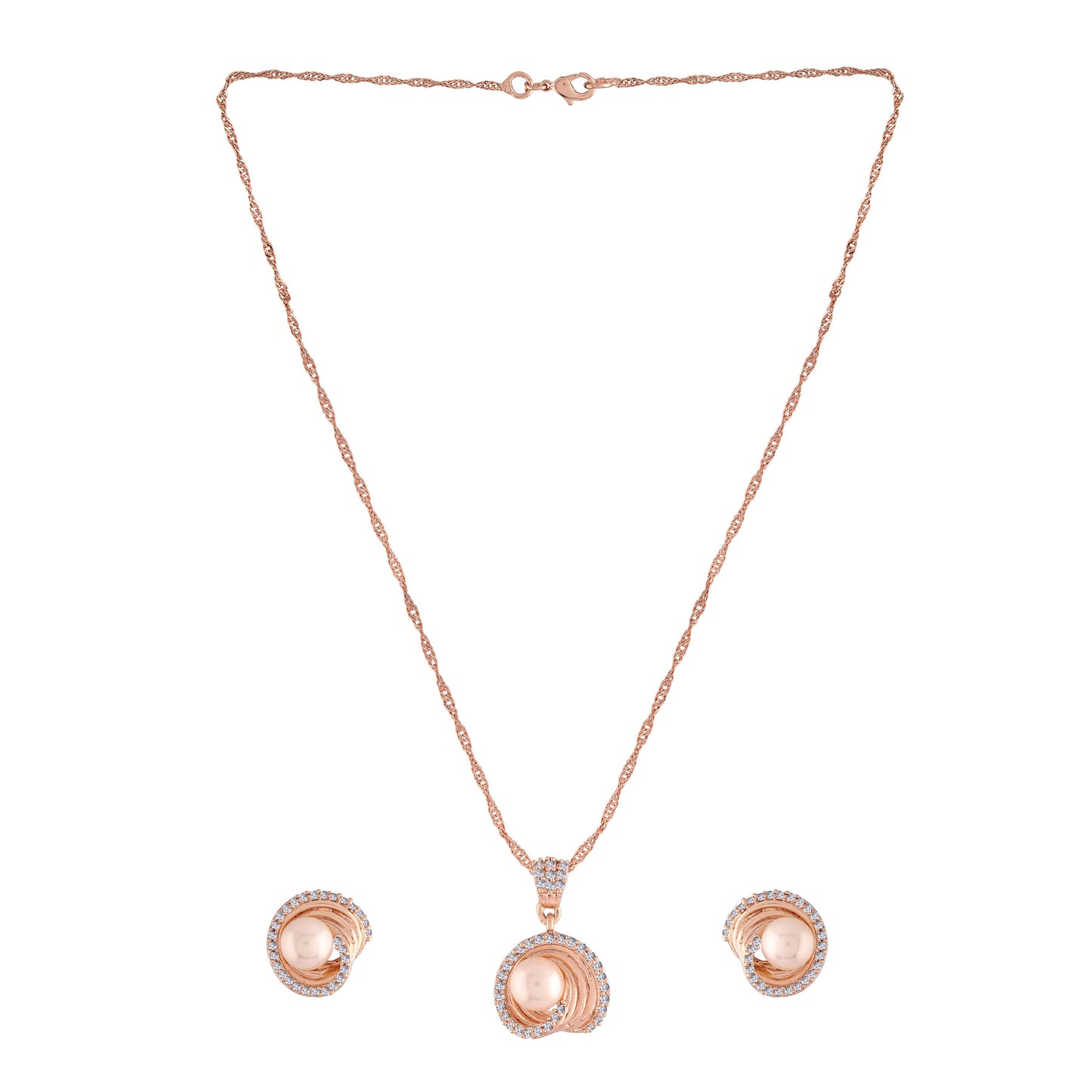 Women's 18k Rose Gold Plated Pearl & Cubic Zirconia Twisted Pendant Necklace Set with Earrings