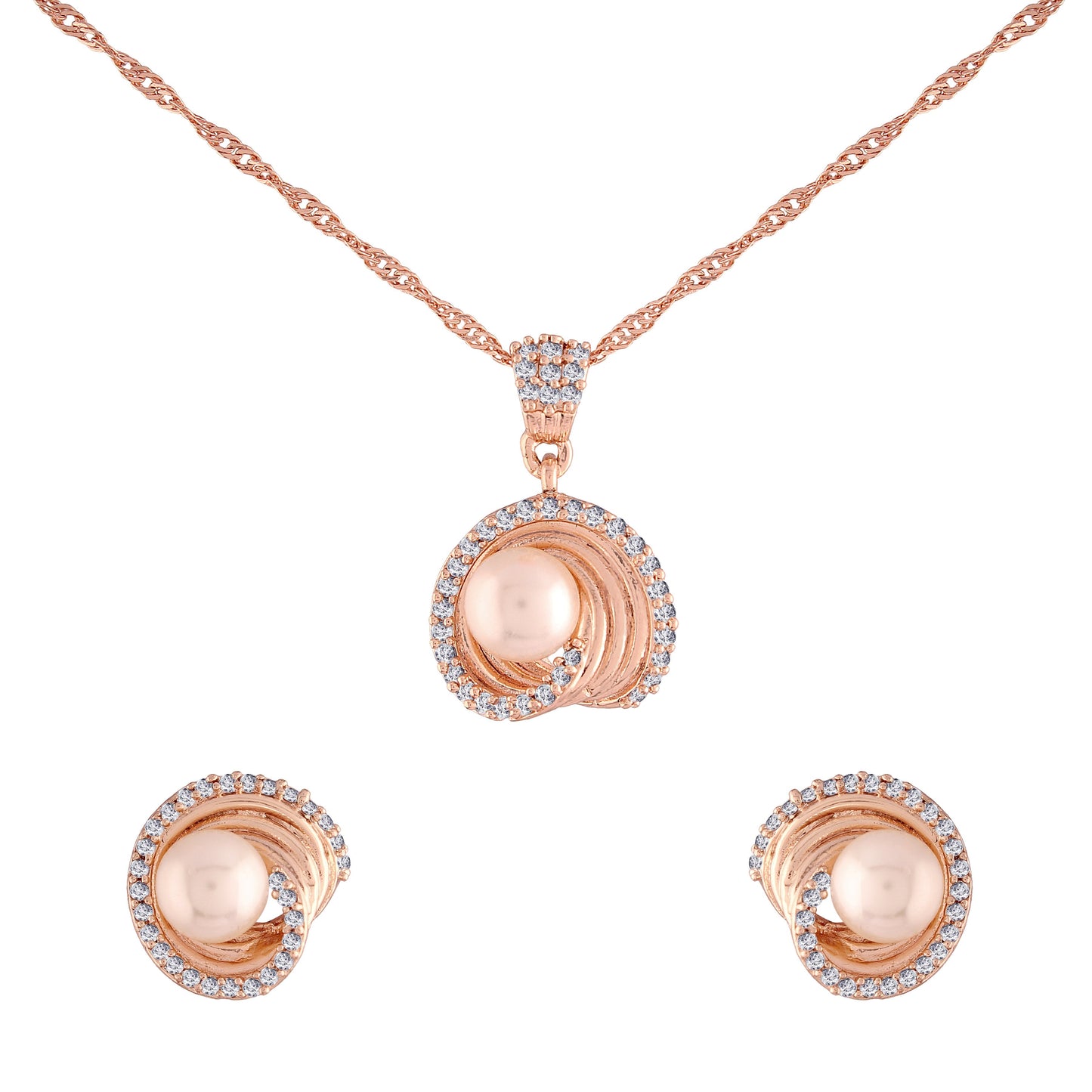 Women's 18k Rose Gold Plated Pearl & Cubic Zirconia Twisted Pendant Necklace Set with Earrings