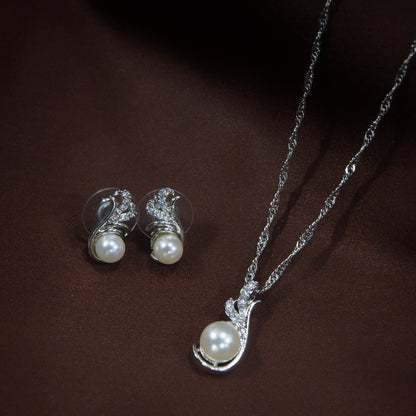 Women's 18k Rhodium Plated Pearl & Cubic Zirconia Twisted Pendant Necklace Set with Earrings