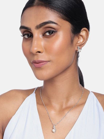 Women's 18k Rhodium Plated Pearl & Cubic Zirconia Twisted Pendant Necklace Set with Earrings