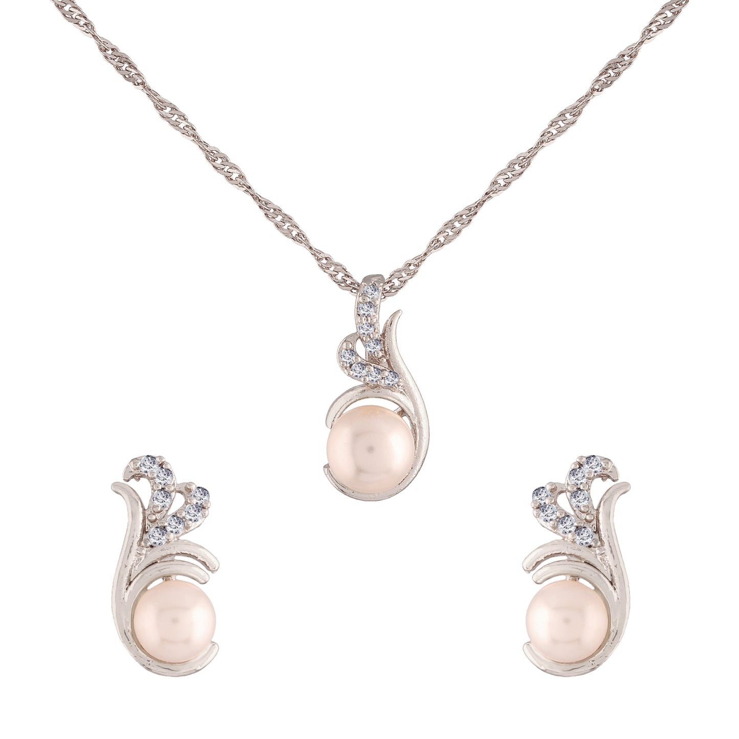 Women's 18k Rhodium Plated Pearl & Cubic Zirconia Twisted Pendant Necklace Set with Earrings